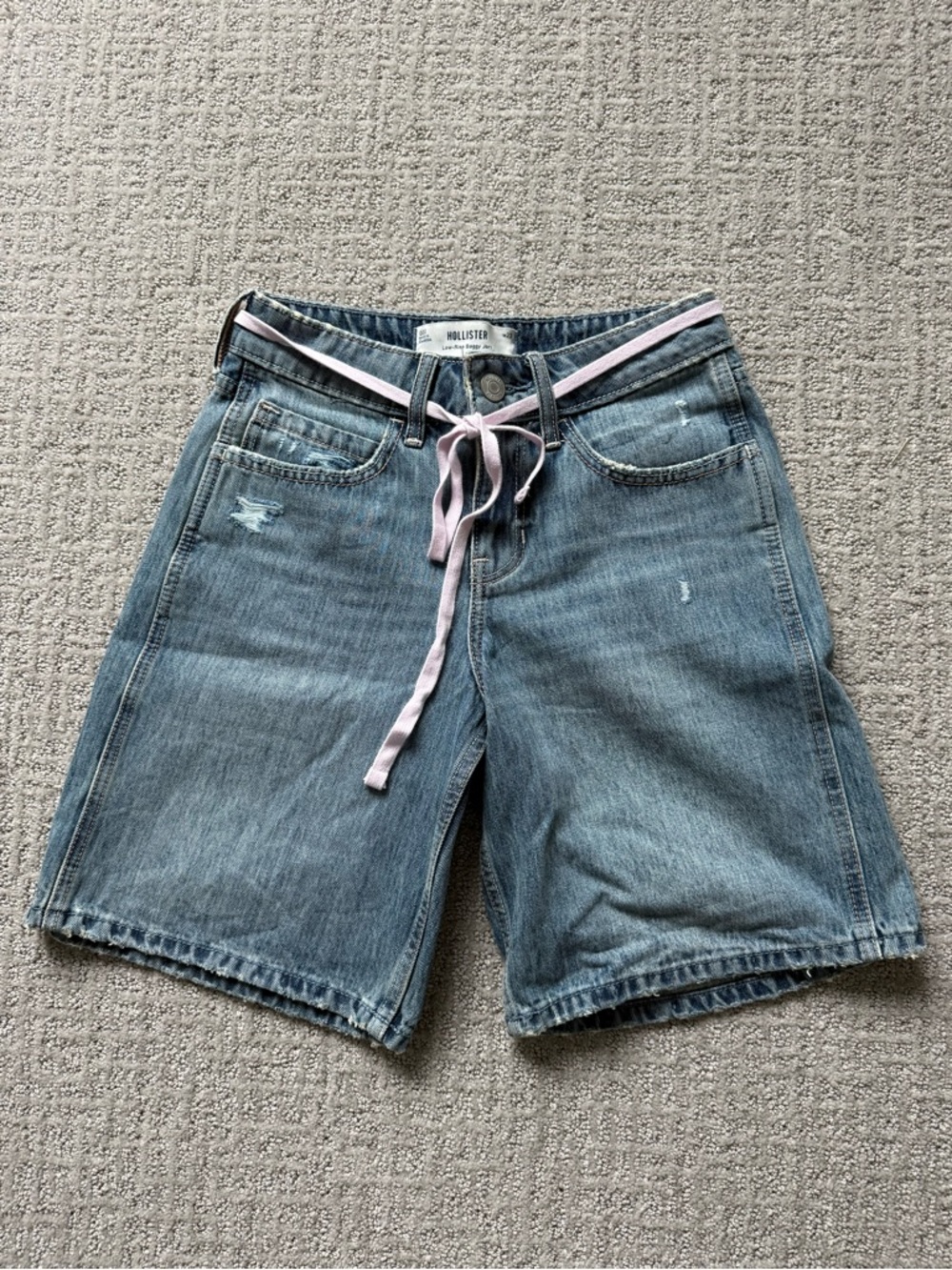 Hollister Light Blue Denim Jort Jean Shorts with Pink Drawstring